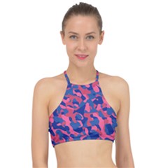 Blue And Pink Camouflage Pattern Racer Front Bikini Top by SpinnyChairDesigns