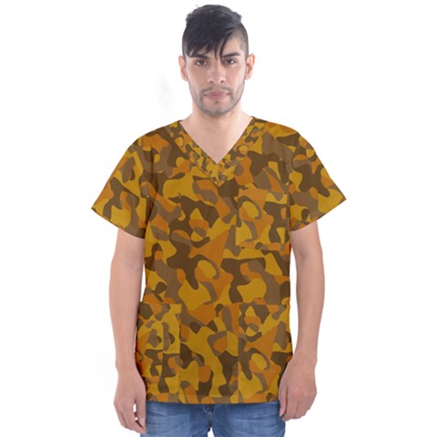 Brown And Orange Camouflage Men s V-neck Scrub Top by SpinnyChairDesigns