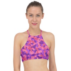 Pink And Purple Camouflage Racer Front Bikini Top by SpinnyChairDesigns