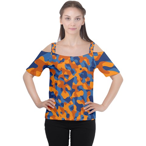 Blue And Orange Camouflage Pattern Cutout Shoulder Tee by SpinnyChairDesigns