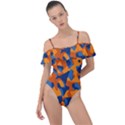 Blue and Orange Camouflage Pattern Frill Detail One Piece Swimsuit View1