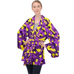 Purple And Yellow Camouflage Pattern Long Sleeve Velvet Kimono  by SpinnyChairDesigns