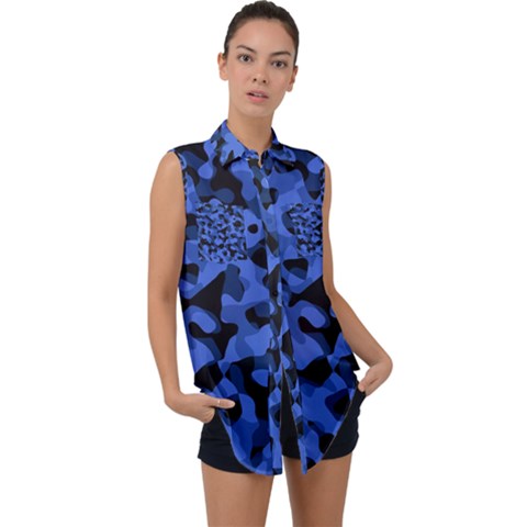 Black And Blue Camouflage Pattern Sleeveless Chiffon Button Shirt by SpinnyChairDesigns