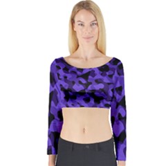 Purple Black Camouflage Pattern Long Sleeve Crop Top by SpinnyChairDesigns