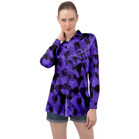 Purple Black Camouflage Pattern Long Sleeve Satin Shirt by SpinnyChairDesigns
