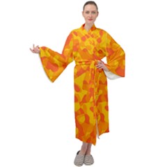 Orange And Yellow Camouflage Pattern Maxi Velour Kimono by SpinnyChairDesigns