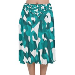 Teal And White Camouflage Pattern Velvet Flared Midi Skirt by SpinnyChairDesigns