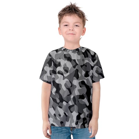 Grey And Black Camouflage Pattern Kids  Cotton Tee by SpinnyChairDesigns