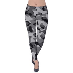 Grey And Black Camouflage Pattern Velvet Leggings by SpinnyChairDesigns
