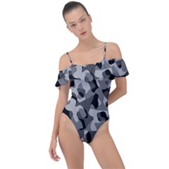 Grey And Black Camouflage Pattern Frill Detail One Piece Swimsuit by SpinnyChairDesigns
