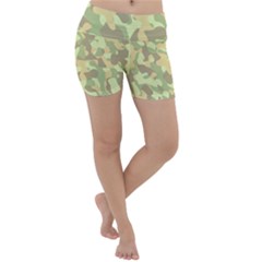 Light Green Brown Yellow Camouflage Pattern Lightweight Velour Yoga Shorts by SpinnyChairDesigns