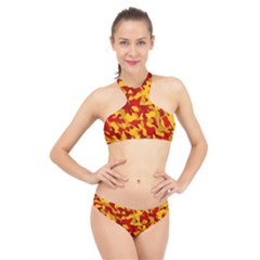 Red And Yellow Camouflage Pattern High Neck Bikini Set by SpinnyChairDesigns