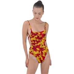 Red And Yellow Camouflage Pattern Tie Strap One Piece Swimsuit by SpinnyChairDesigns
