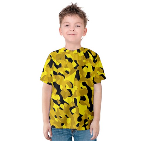 Black And Yellow Camouflage Pattern Kids  Cotton Tee by SpinnyChairDesigns