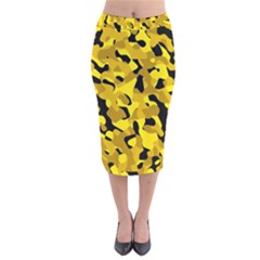 Black And Yellow Camouflage Pattern Velvet Midi Pencil Skirt by SpinnyChairDesigns