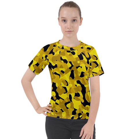 Black And Yellow Camouflage Pattern Women s Sport Raglan Tee by SpinnyChairDesigns