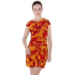 Red And Orange Camouflage Pattern Drawstring Hooded Dress by SpinnyChairDesigns