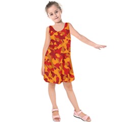 Red And Orange Camouflage Pattern Kids  Sleeveless Dress by SpinnyChairDesigns