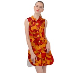 Red And Orange Camouflage Pattern Sleeveless Shirt Dress by SpinnyChairDesigns