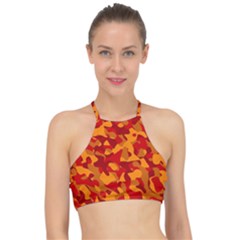 Red And Orange Camouflage Pattern Racer Front Bikini Top by SpinnyChairDesigns