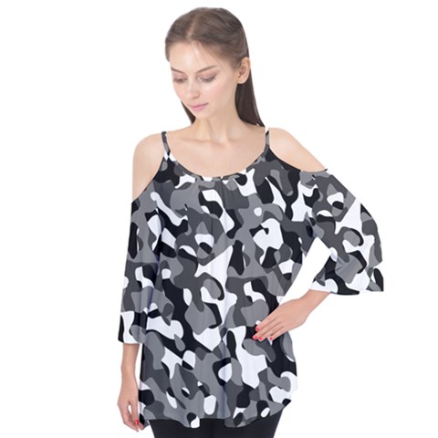 Black And White Camouflage Pattern Flutter Tees by SpinnyChairDesigns