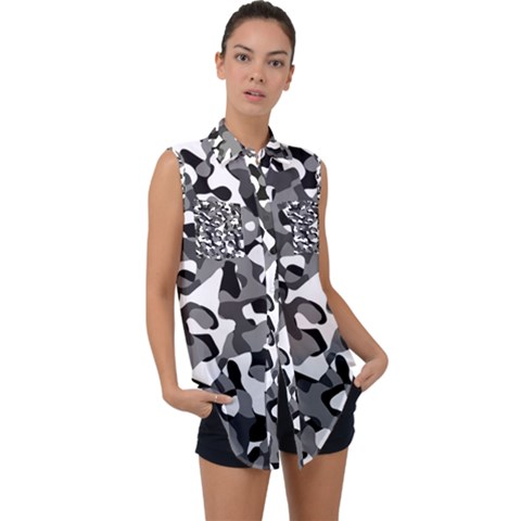 Black And White Camouflage Pattern Sleeveless Chiffon Button Shirt by SpinnyChairDesigns