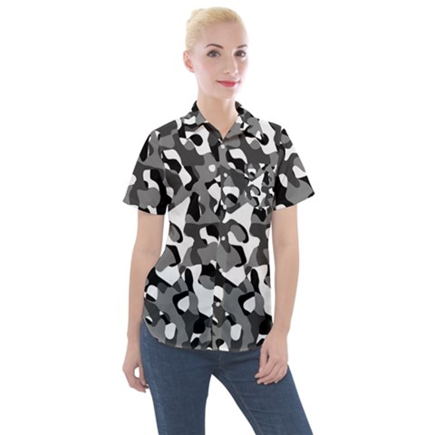 Black And White Camouflage Pattern Women s Short Sleeve Pocket Shirt by SpinnyChairDesigns