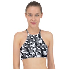 Black And White Camouflage Pattern Racer Front Bikini Top by SpinnyChairDesigns