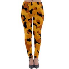 Orange And Black Camouflage Pattern Lightweight Velour Leggings by SpinnyChairDesigns