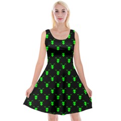 Neon Green Bug Insect Heads On Black Reversible Velvet Sleeveless Dress by SpinnyChairDesigns