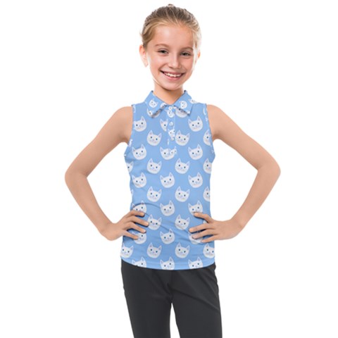 Cute Cat Faces White And Blue  Kids  Sleeveless Polo Tee by SpinnyChairDesigns