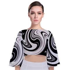 Black And White Swirl Spiral Swoosh Pattern Tie Back Butterfly Sleeve Chiffon Top by SpinnyChairDesigns