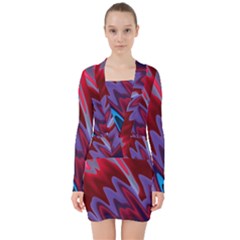 Red Blue Zig Zag Waves Pattern V-neck Bodycon Long Sleeve Dress by SpinnyChairDesigns