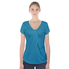 Mosaic Blue Pantone Solid Color Short Sleeve Front Detail Top by FlagGallery