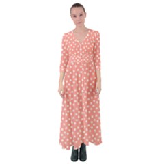 Coral Pink White Floral Print Button Up Maxi Dress by SpinnyChairDesigns