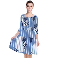 Stripes Blue White Quarter Sleeve Waist Band Dress by designsbymallika