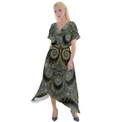 Rustic Silver And Gold Spirals Cross Front Sharkbite Hem Maxi Dress by SpinnyChairDesigns