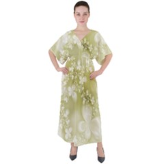 Olive Green With White Flowers V-neck Boho Style Maxi Dress by SpinnyChairDesigns