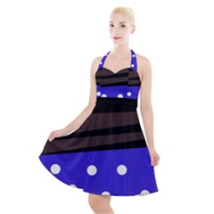 Mixed-lines-dots Black-bg Halter Party Swing Dress  by Casemiro