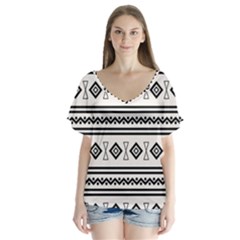 Black And White Aztec V-neck Flutter Sleeve Top by tmsartbazaar