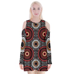Tribal Aztec Mandala Art Velvet Long Sleeve Shoulder Cutout Dress by tmsartbazaar