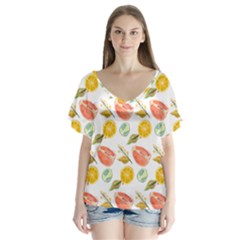 Citrus Gouache Pattern V-neck Flutter Sleeve Top by EvgeniaEsenina
