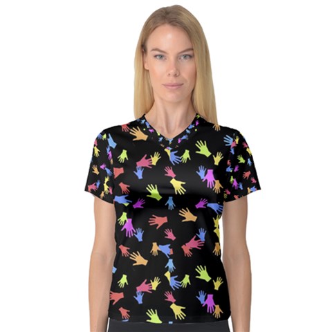 Multicolored Hands Silhouette Motif Design V-neck Sport Mesh Tee by dflcprintsclothing
