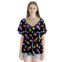 Multicolored Hands Silhouette Motif Design V-neck Flutter Sleeve Top by dflcprintsclothing