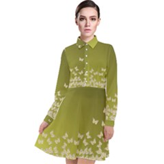 Yellow, Gold Gradient Butterflies Pattern, Cute Insects Theme Long Sleeve Chiffon Shirt Dress by Casemiro