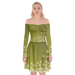 Yellow, Gold Gradient Butterflies Pattern, Cute Insects Theme Off Shoulder Skater Dress by Casemiro