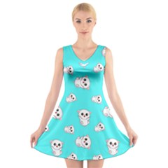 Azure Blue And Crazy Kitties Pattern, Cute Kittens, Cartoon Cats Theme V-neck Sleeveless Dress by Casemiro