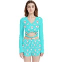 Azure blue and Crazy kitties pattern, cute kittens, cartoon cats theme Velvet Wrap Crop Top and Shorts Set View1