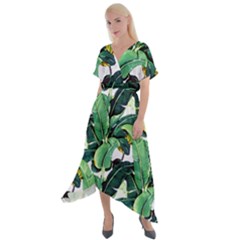 Tropical Banana Leaves Cross Front Sharkbite Hem Maxi Dress by goljakoff