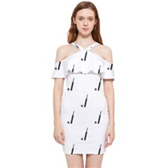 Black And White Cricket Sport Motif Print Pattern Shoulder Frill Bodycon Summer Dress by dflcprintsclothing